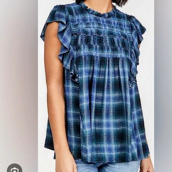Pre-owned Free People Navy Plaid Ruffle Blouse - Picture 2 of 9